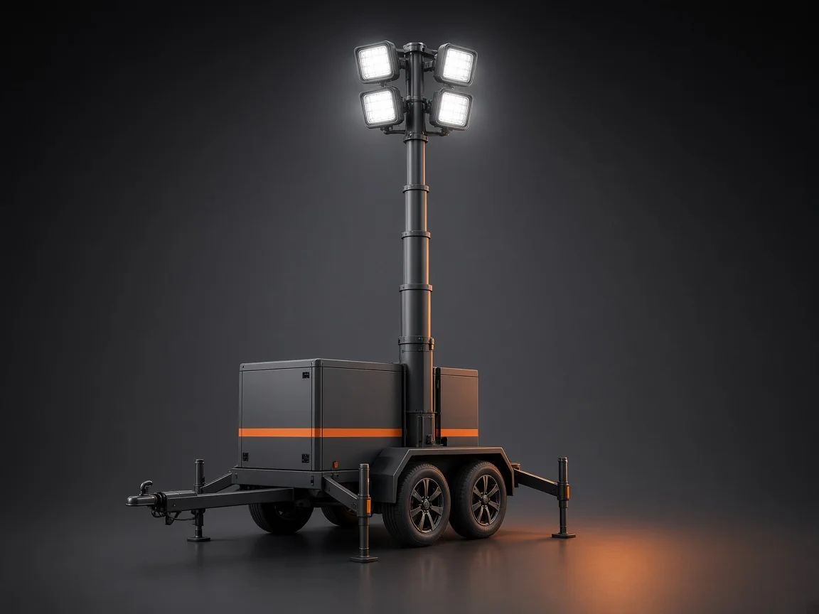 Trailer-mounted lighting tower with four LED floodlights on a raised mast